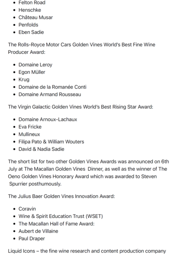 Announced for the 2021 Golden Vines Awards