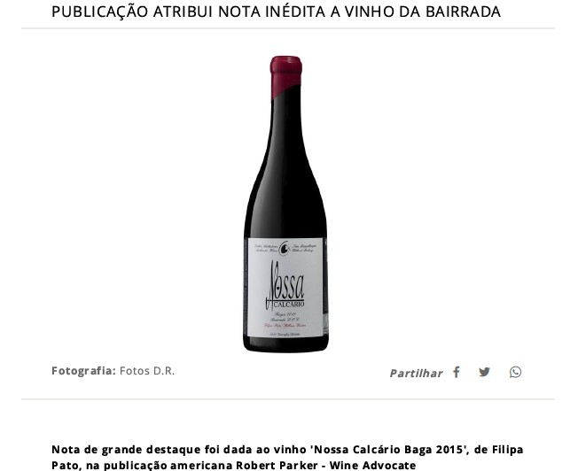 Nota elevada a ´Nossa Calcário Baga 2015´ por Robert Parker - Wine Advocate
